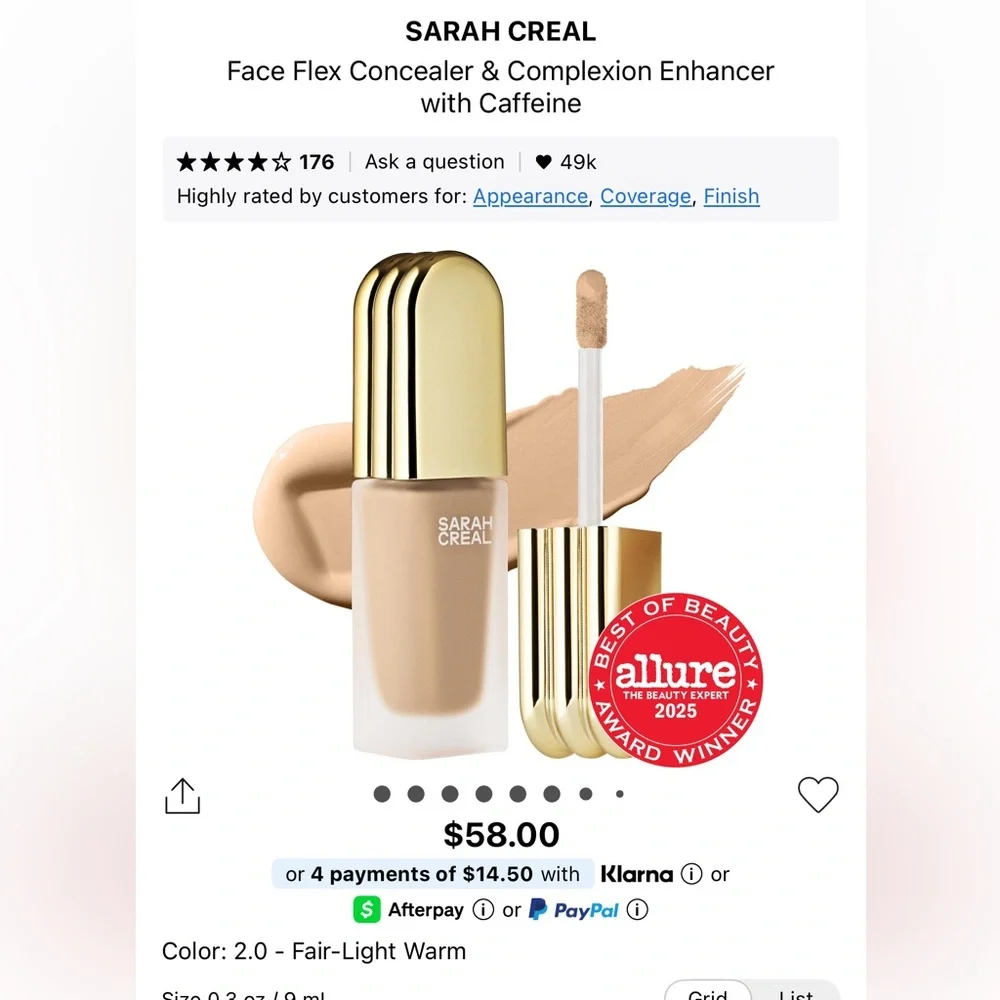 NIB Sarah Creal Face Flex Concealer & Complexion Enhancer W/Caffeine Shade 2.0